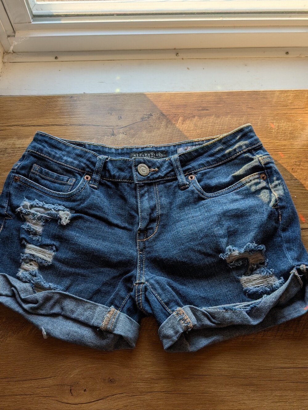Aeropostale Distressed Dark Blue Denim Roll-Cuff Women's Shorts